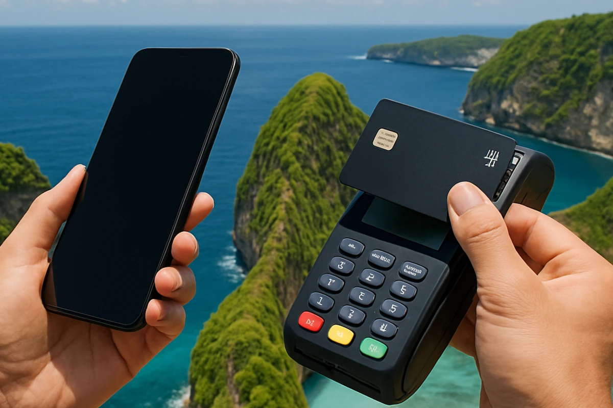 Cashless Payment System With Nusa Penida Island as Background