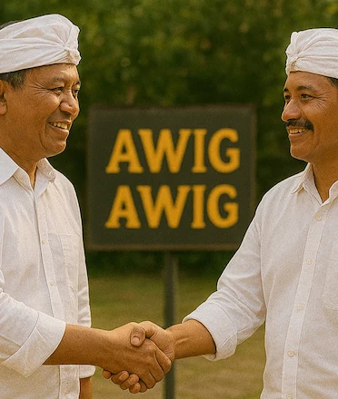 Two Balinese Men Shaking Hand Awig Awig Agreement Illustration AI