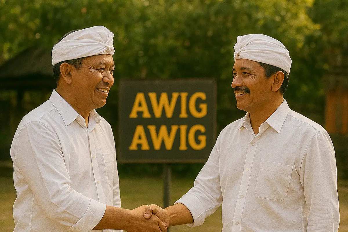 Two Balinese Men Shaking Hand Awig Awig Agreement Illustration AI