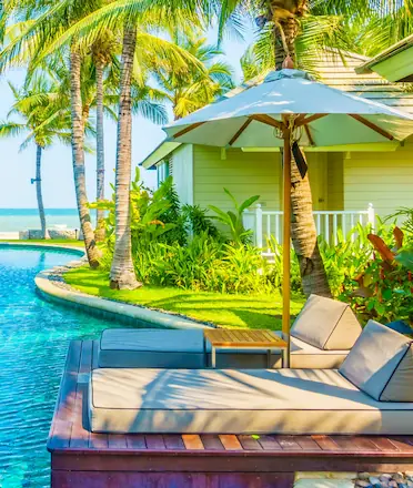 Tropical Villa Pool and Tree and Beach View