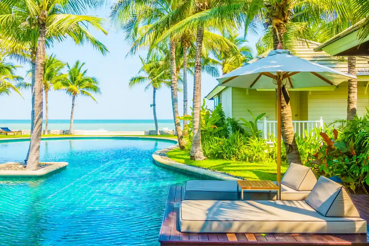Tropical Villa Pool and Tree and Beach View