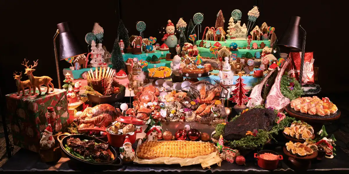 Festive menu arranged from roasted turkey to sweets