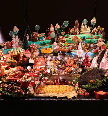 Festive menu arranged from roasted turkey to sweets