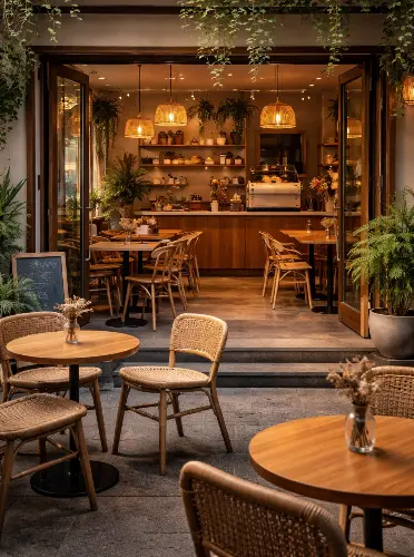 A cozy cafe exterior with wooden tables and woven chairs set