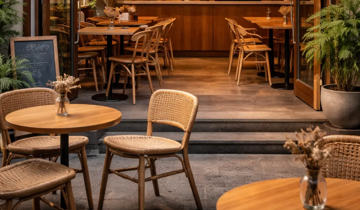 A cozy cafe exterior with wooden tables and woven chairs set