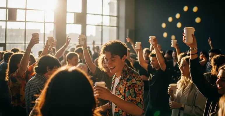 A lively crowd dancing with coffee cups at a daytime DJ session in a café